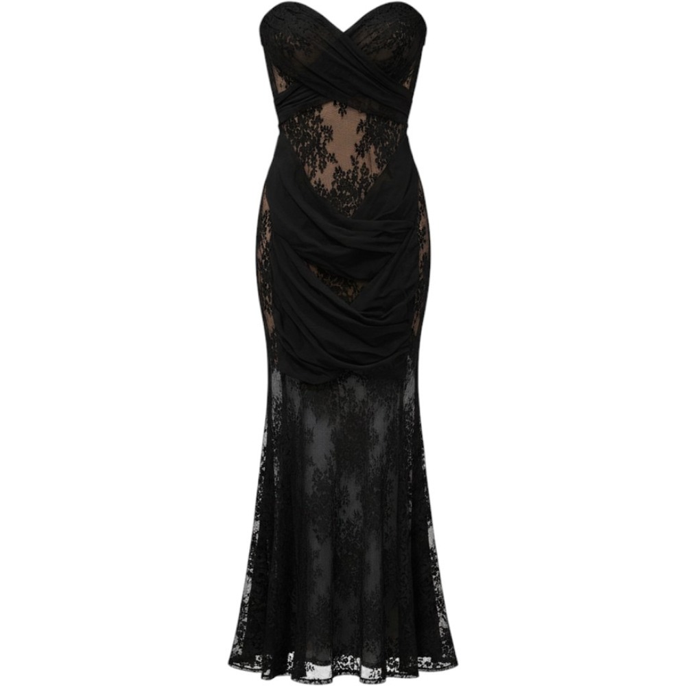 New Lace Mermaid Maxi Dress Black Nude Illusion Sz M Whimsigoth Formal Coquette
